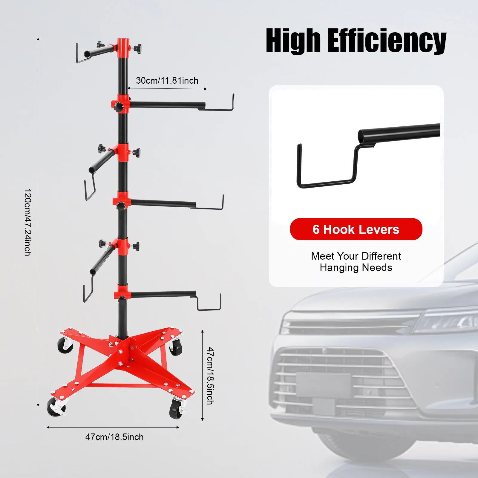 Panel Tree Paint Stand with 6 Adjustable Hooks & 4 Locking Wheels Dual Panel Capacity Heavy Duty Iron for Auto Body Shops