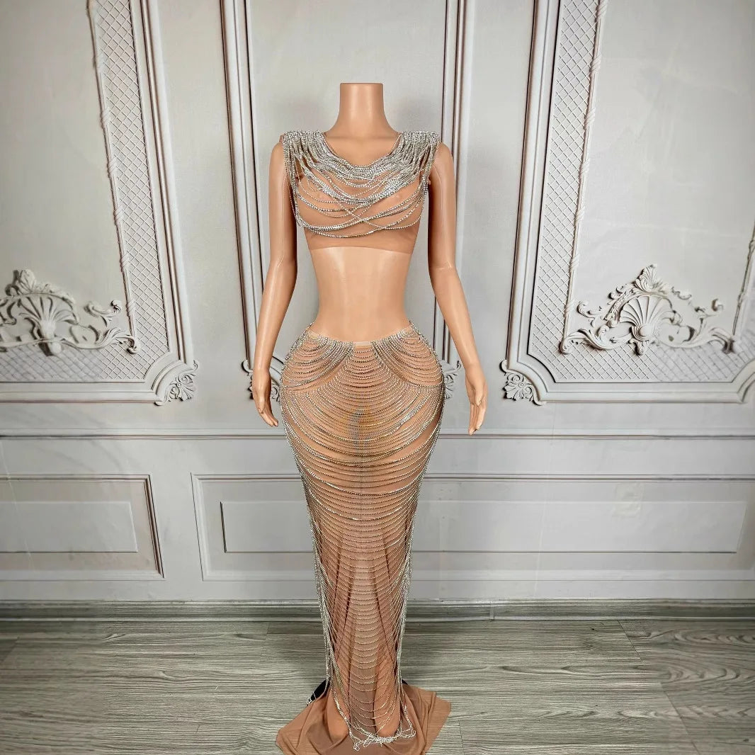 Luxury Silver Chain High-end Banquet Evening Dress Annual Meeting Women's High-end Singer Fashion Singing Clothes Slinky Dresses