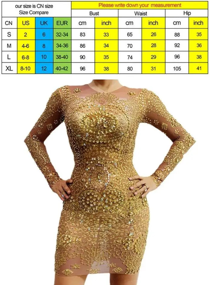 Gold Diamond Party Dress Translucent Women's Plus Size Formal Dress Gold Evening Dress Long Sleeves Vestido De Fiesta Graduación