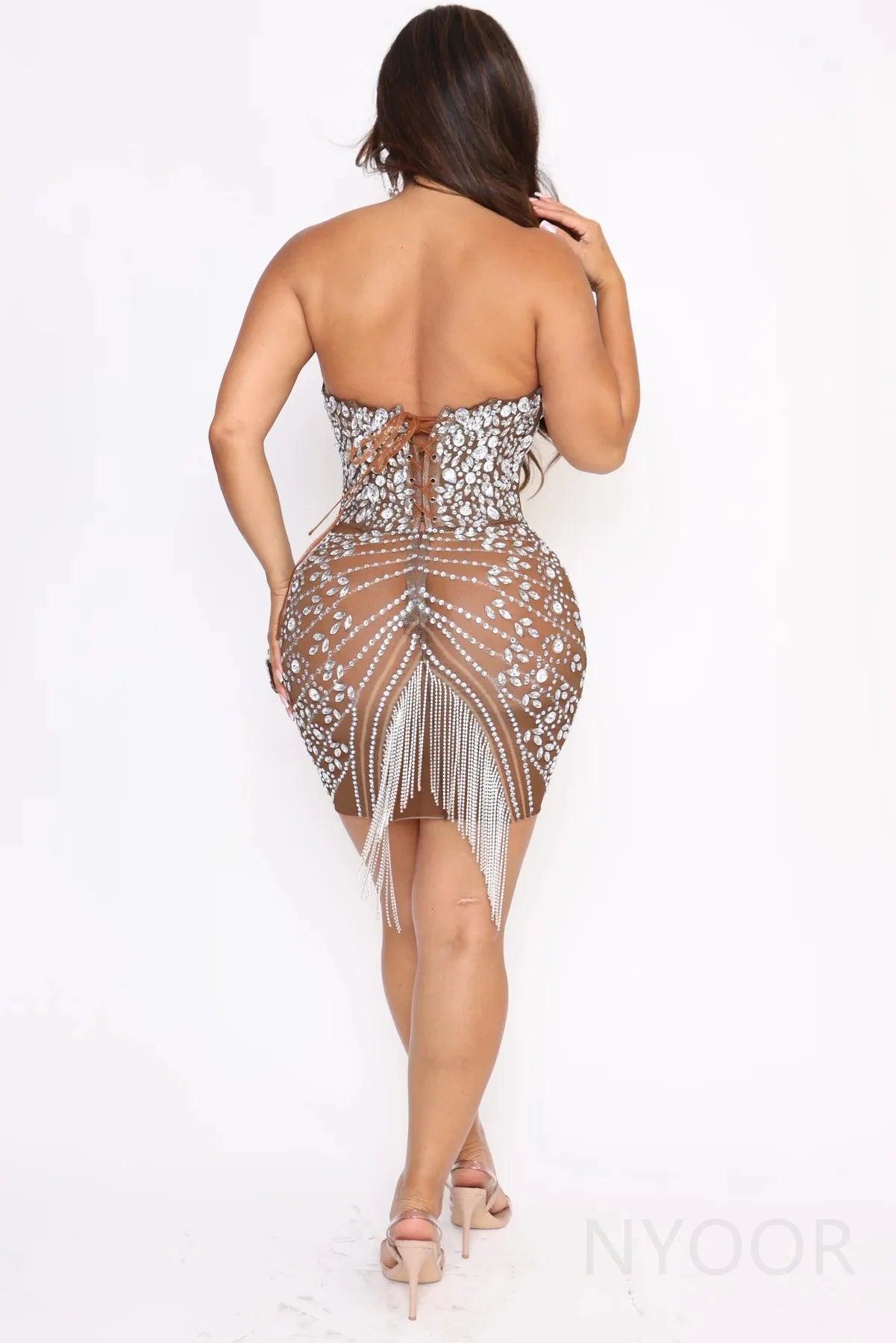 Sexy Tight Backless Tube Top Waist Rhinestone Sparkling Dress Short Skirt Hip Wrap Banquet Singer Model Vestidos Para Graduación