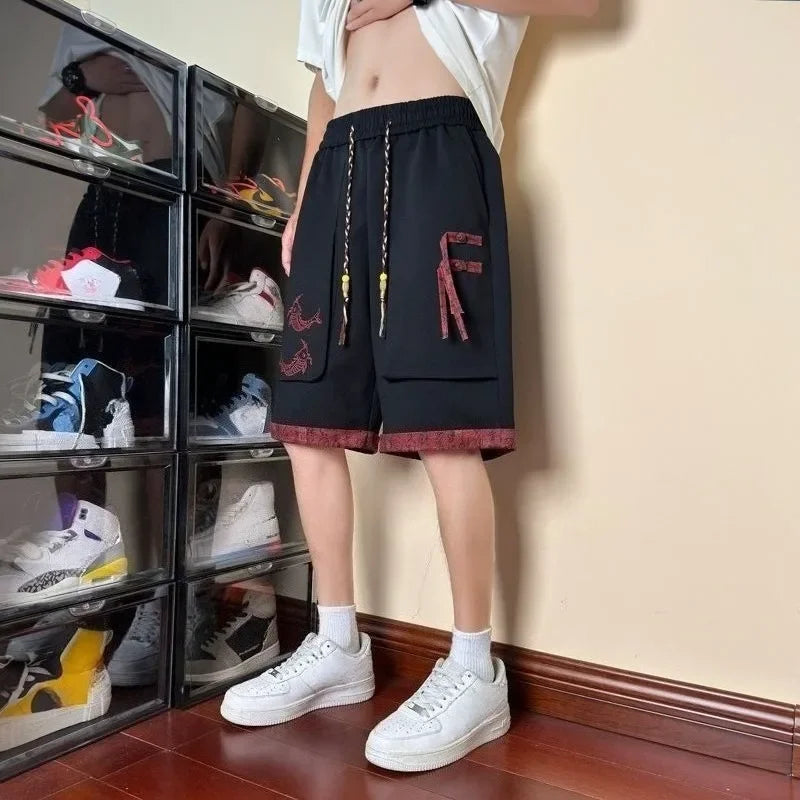 With Pockets Draw String Long Men's Cargo Shorts Button Elastic Waist Baggy Black Loose Bermuda Half Male Short Pants Wide Nylon