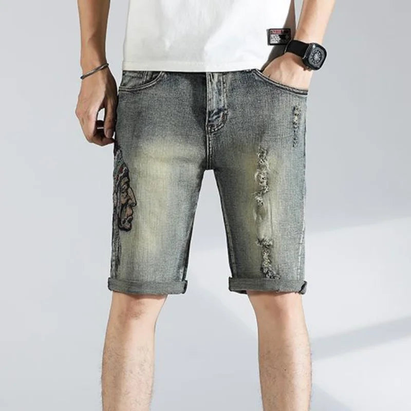Ripped Graphic Men's Short Jeans Pants Multi Color Male Denim Shorts Hip Hop Korean Fashion Summer Vintage Rude Blue Distressed