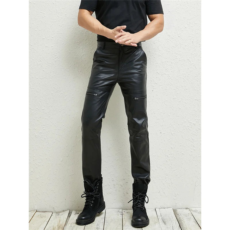 Men's Slim Straight Leather Pants Genuine Cowhide Personality Trousers for Spring And Autumn