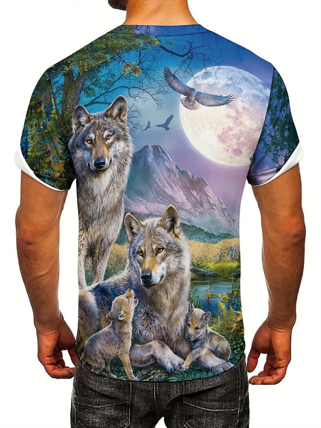 3D Wolf Pack Print T-Shirt - Short Sleeve, Crew Neck, Nature-Inspired Design with Moonlit Forest & Mountain Scene