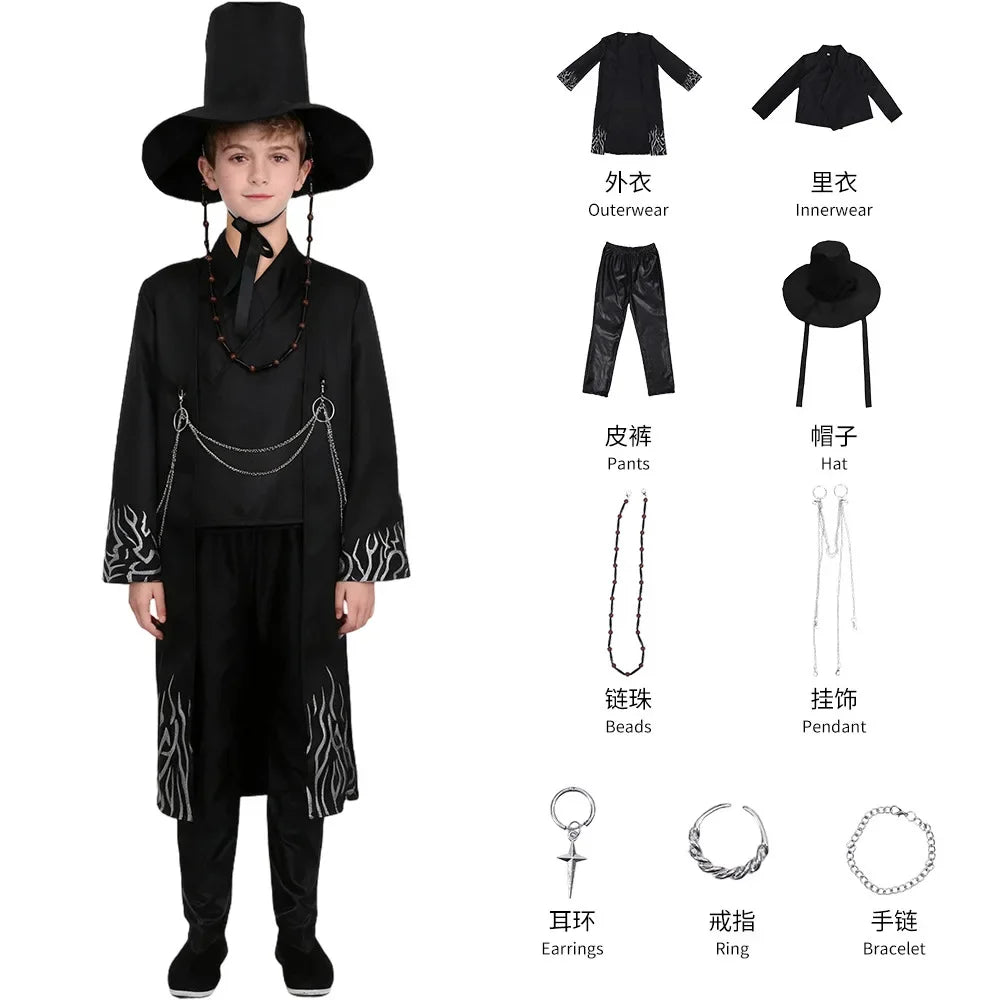 Kids Jinu Saja Cosplay Boys Costume Demon Hunter Children Hat Coat Pants Suit Halloween Group Party Clothing