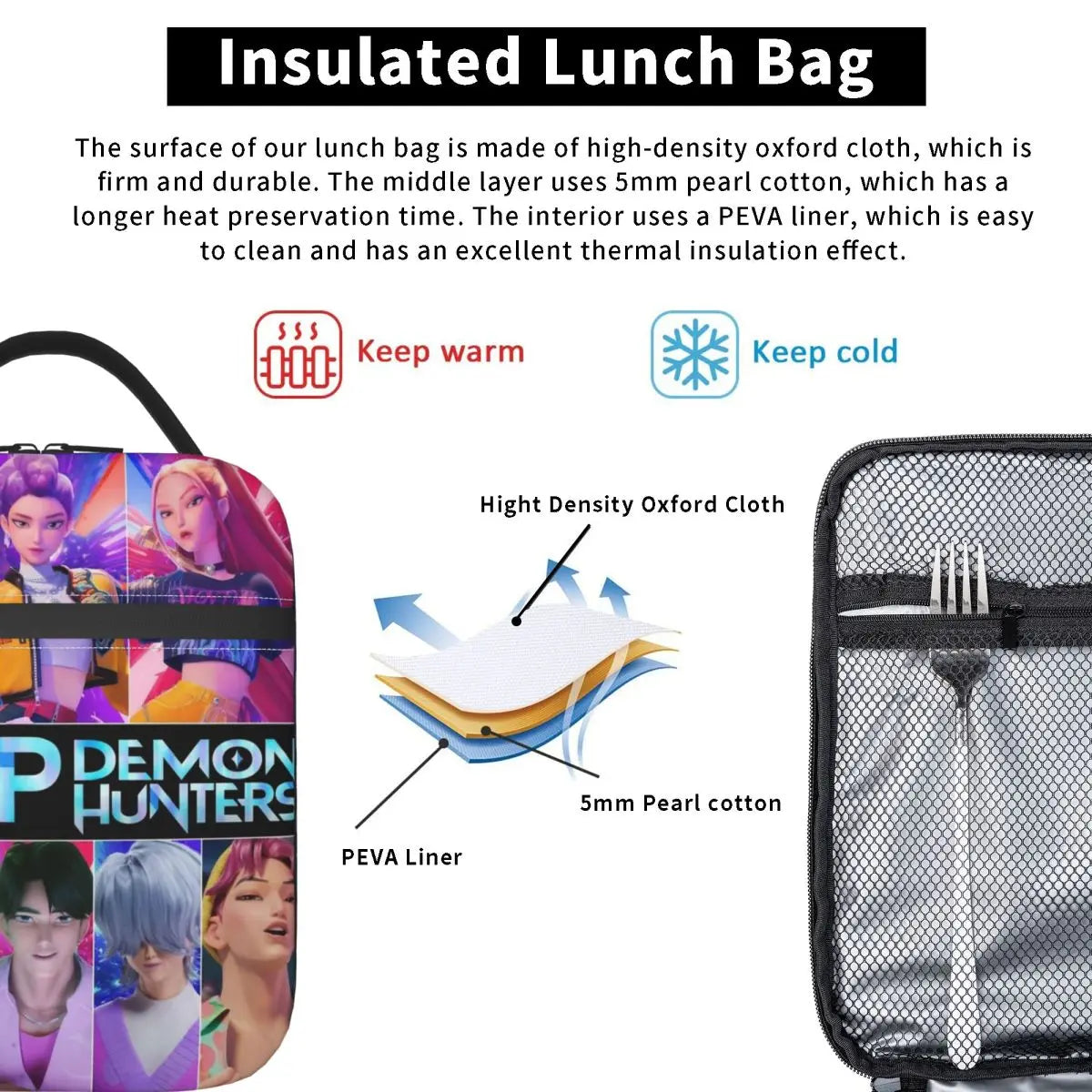 Kpop Demon Hunters HUNTRIX Saja Boys Thermal Insulated Lunch Bags for School Portable Food Container Thermal Cooler Lunch Boxes