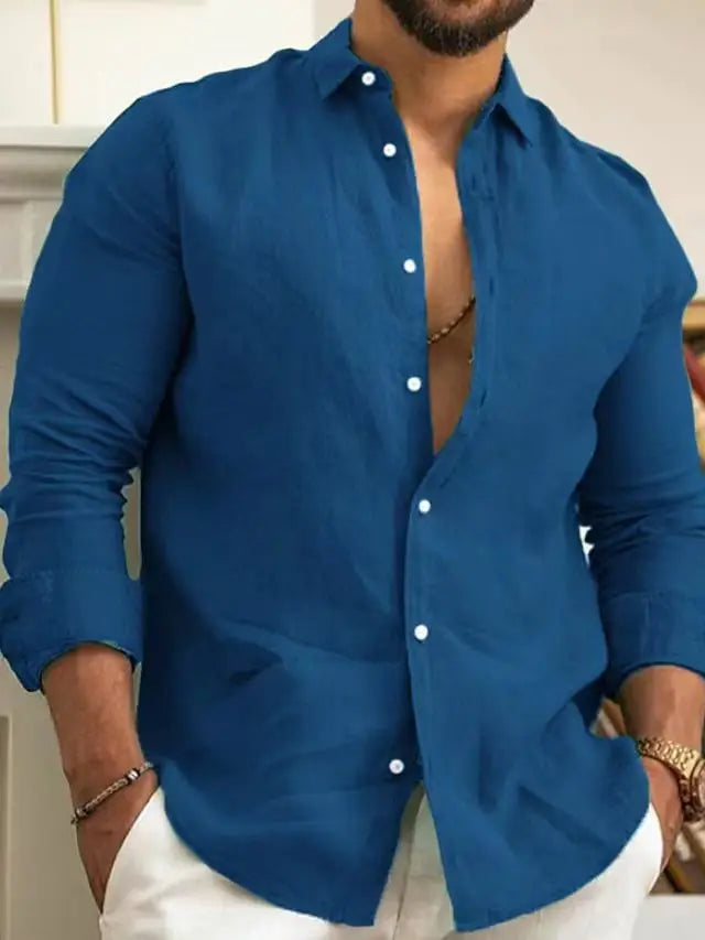 Linen Shirt Comfortable Breathable Soft Comfortable Blue White Gray Street Outdoor Solid Color European Size Linen Shirt Simple