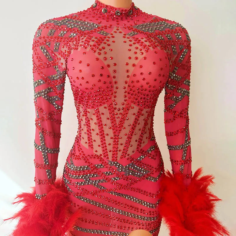 Bar Singer Costume Red Feathers Sexy Temperament Evening Dress Nightclub Model Catwalk Dancing Banquet Dinner Robe Cocktail Luxe