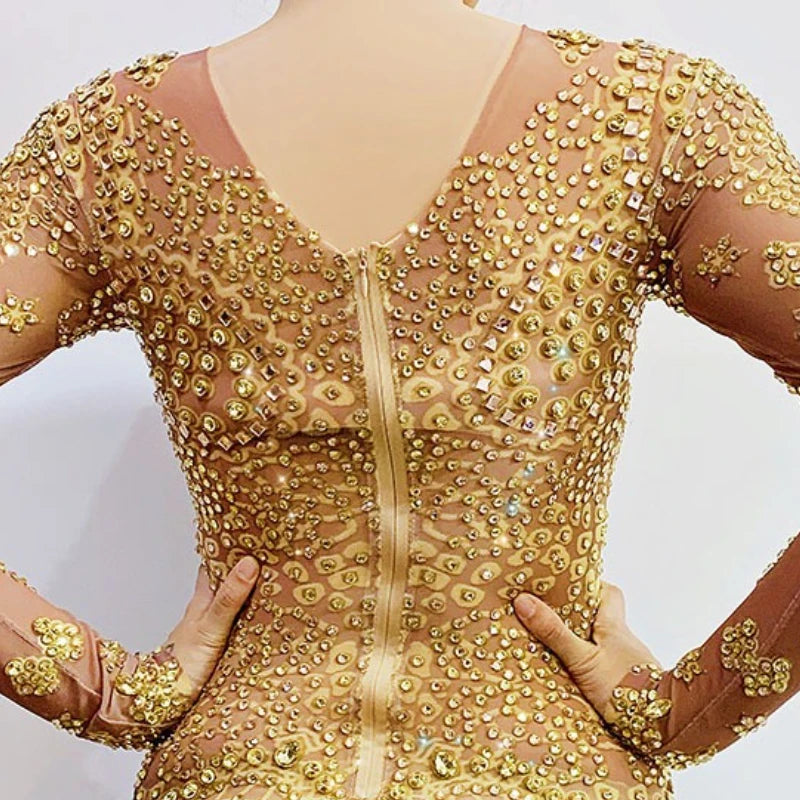 Gold Diamond Party Dress Translucent Women's Plus Size Formal Dress Gold Evening Dress Long Sleeves Vestido De Fiesta Graduación
