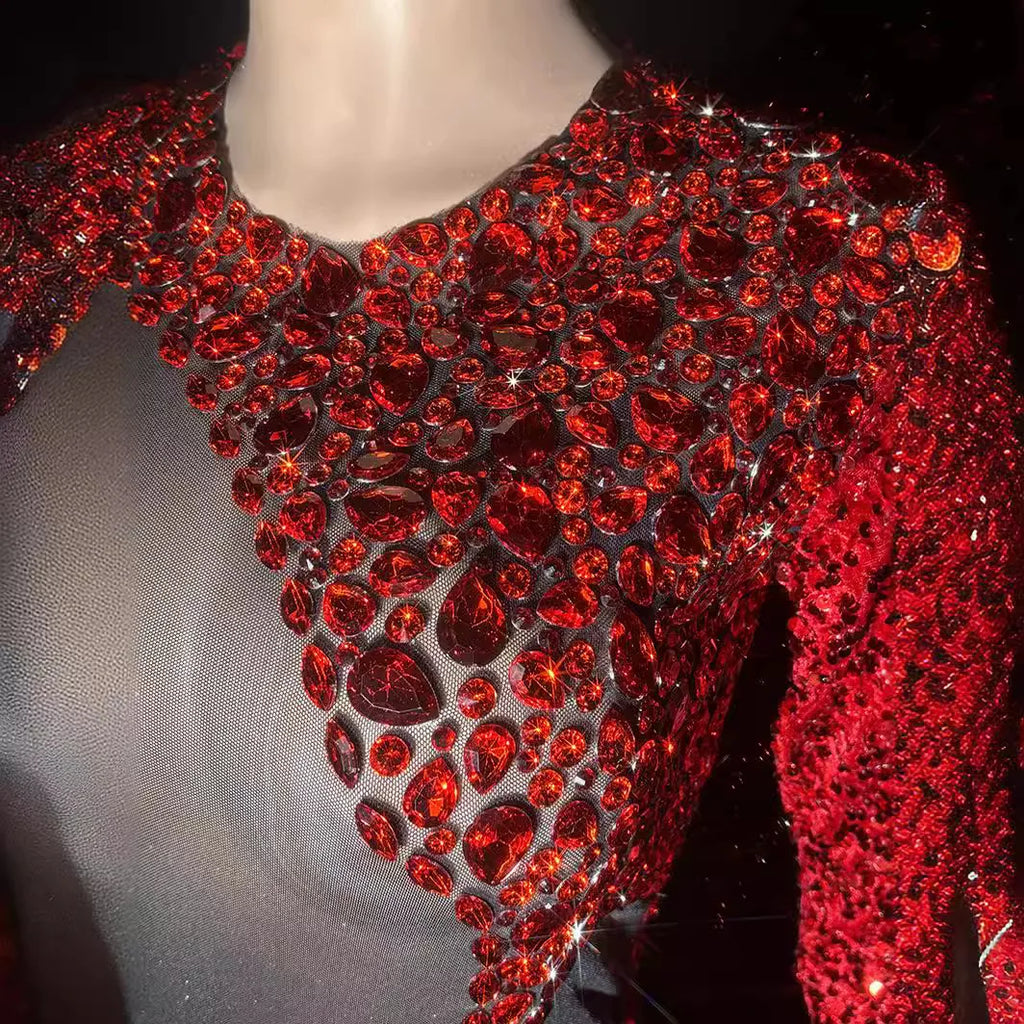 Red Rhinestone Perspective Fashion Sexy Party Dress Bar Nightclub Stage Performance Dress Elegant Party Red Bodycon Sexy Dresses