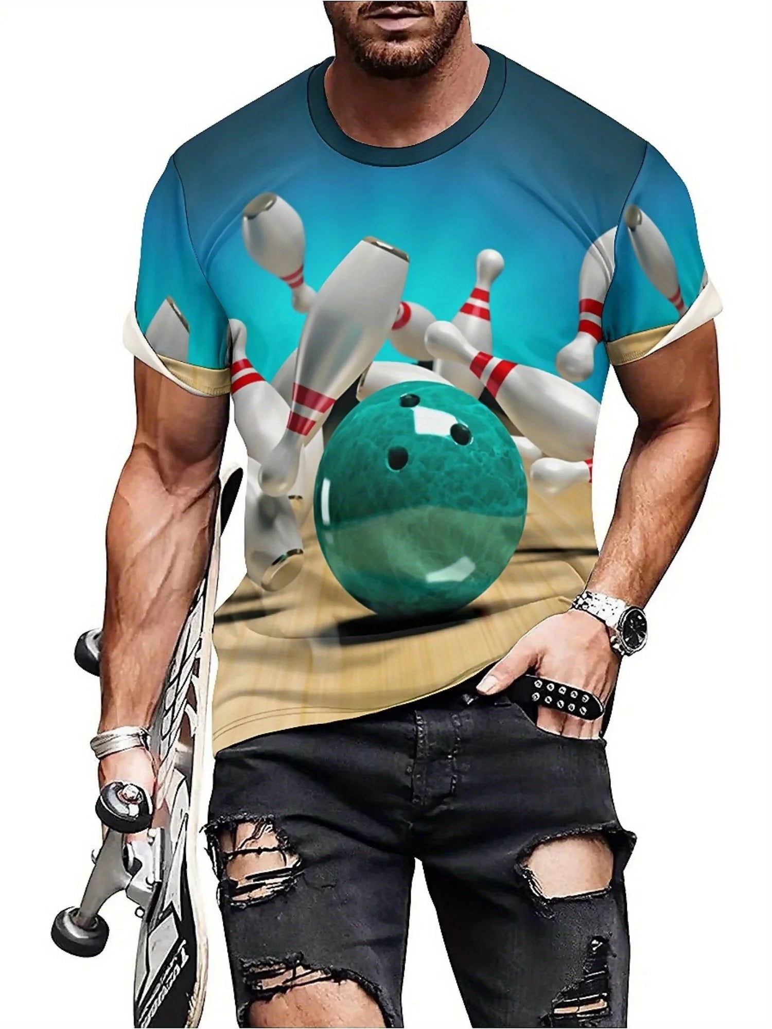 Men's Bowling Sports 3D Print T-Shirt Fun Hip Hop Style Breathable Polyester Short Sleeve Loose Fit