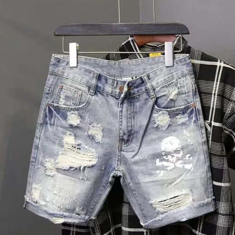 Summer Men's Worn Bead Hole Beggar Stretch Ripped Short Jeans Men Streetwear Korean Fashion Slim Fit Denim Shorts