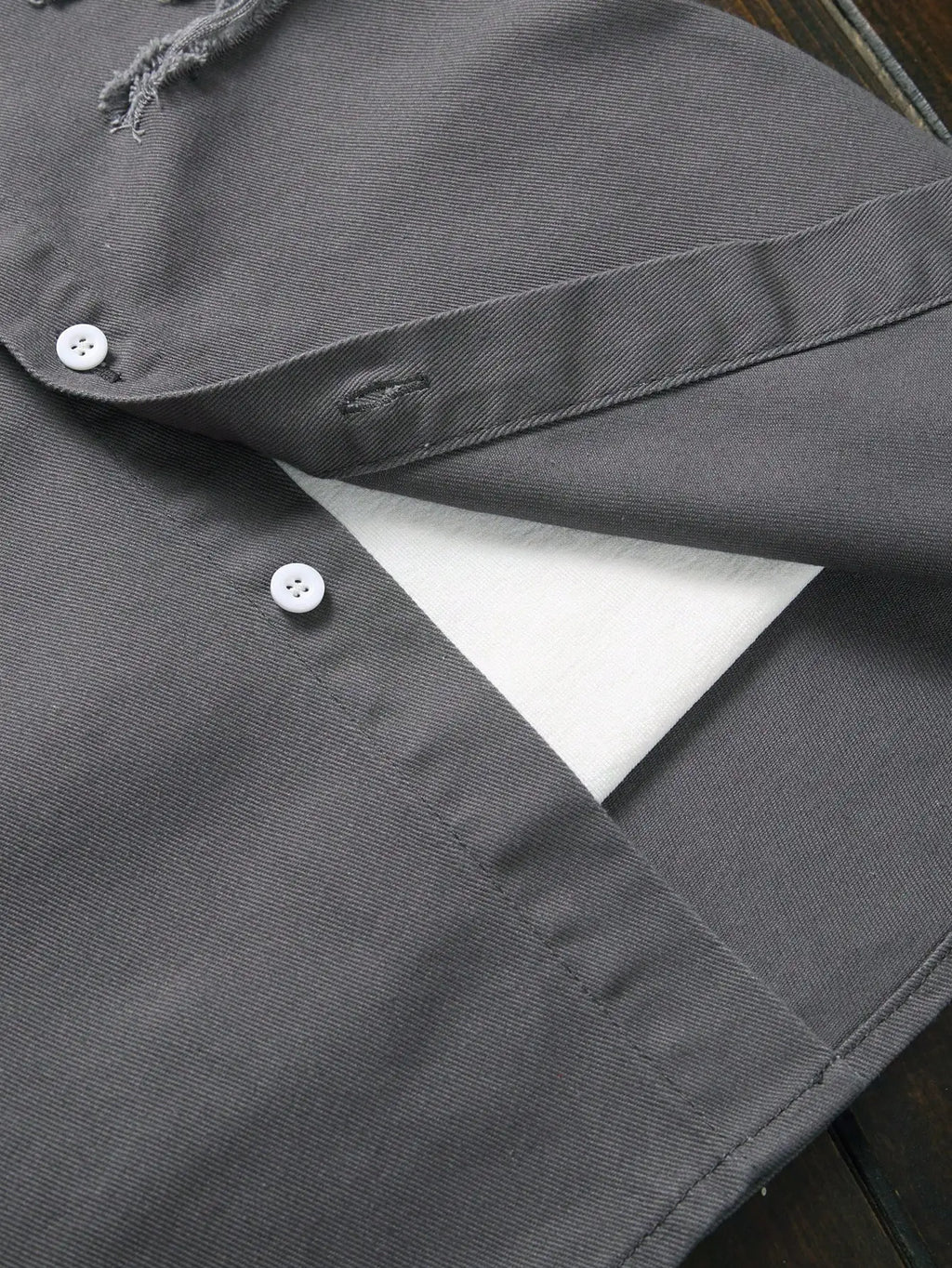 Men's Summer Dark Gray Ripped Short-Sleeve Denim Shirt, featuring a lapel collar and double pockets to retain the workwear style