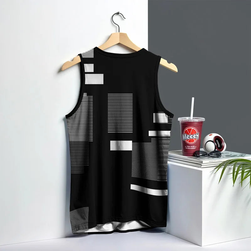 Art Men Vest Street Fashion Round Neck Sleeveless Printed Tshirt Daily Outdoor Sports Fitness Running Top Contrast Colors 2025