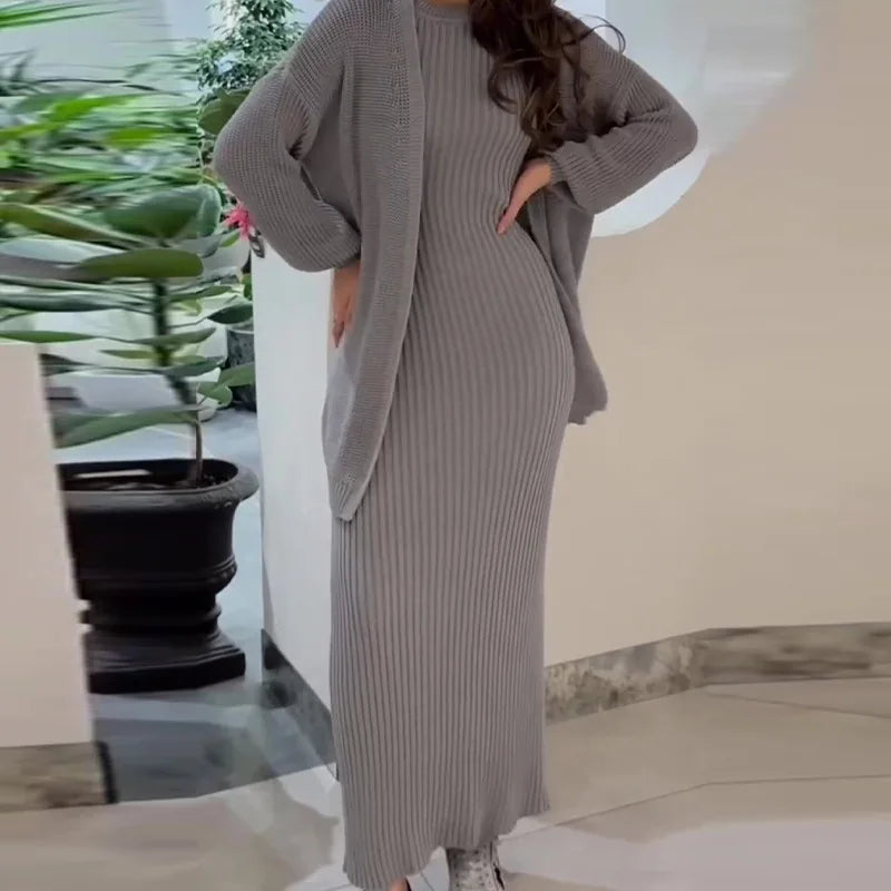 Knitted 2 Piece Sets Women Fashion Cardigan Long Dress Matching Set 2024 Casual Autumn Winter Clothing Womens Outfits Tracksuit