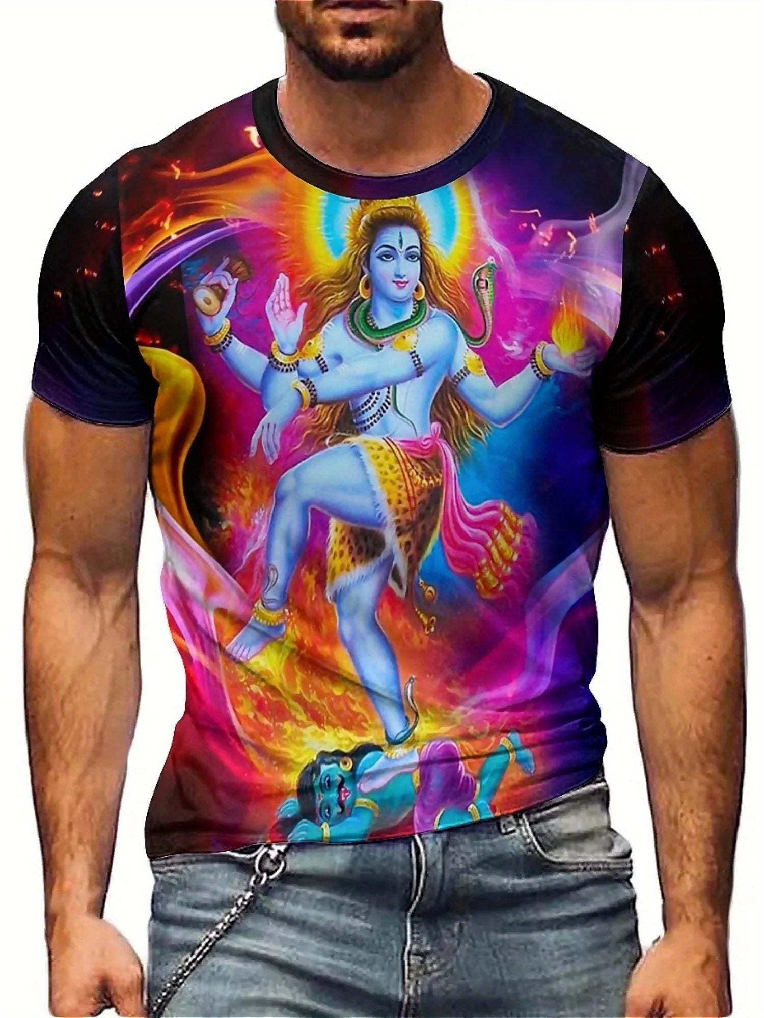 Men'S Vibrant Hindu Deity Graphic T-Shirt - Soft Polyester, Short Sleeve, Round Neck, Casual & Comfortable Fit