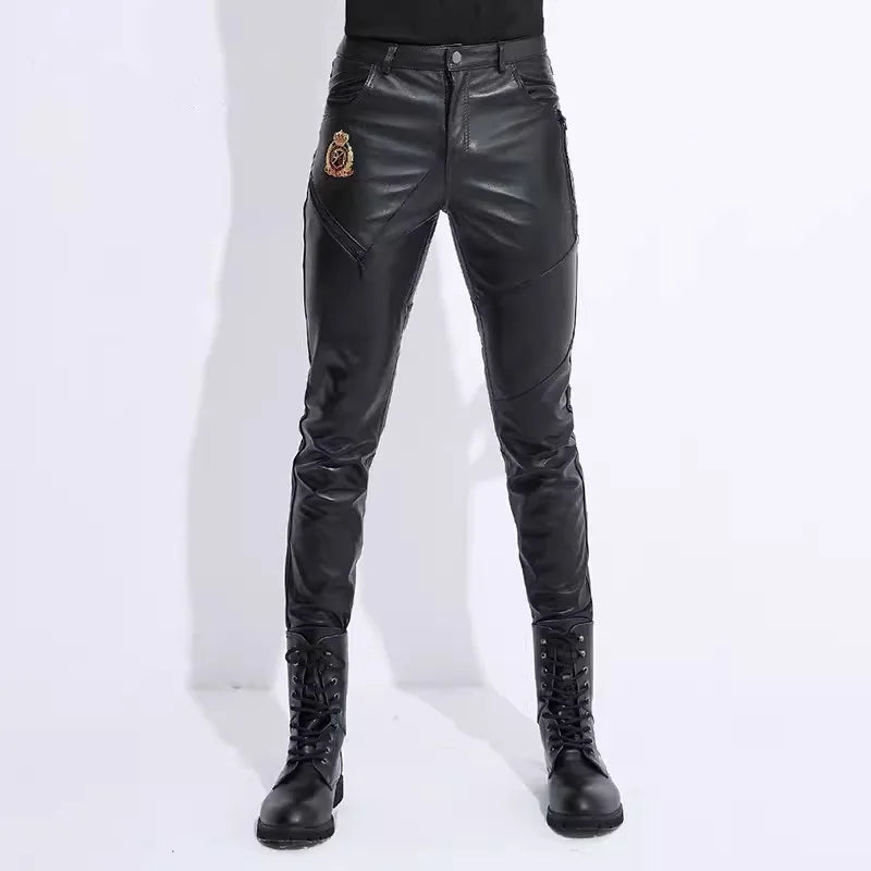 Genuine Sheepskin Leather Pants Windproof Warm Motorcycle Slim Fit Cool Autumn Winter Knight Pants