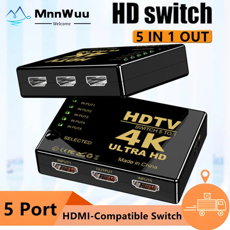 4K HDMI-Compatible Switch Switcher 5 Port HDMI-Compatible Switches With IR Remote Controller for Xbox PS4 DVD HDTV PC Laptop TV